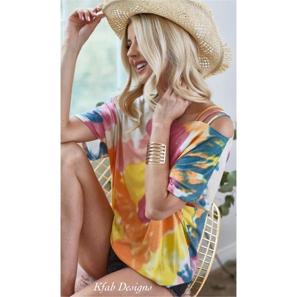 LAST 2! Tie Dye Strappy One Shoulder Super Soft Jersey Top! - Picture 8 of 10